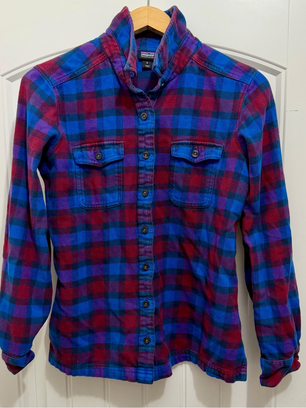 Patagonia Long-Sleeved Fjord Flannel Shirt, Blue/Burgundy, Size 6, 53915
